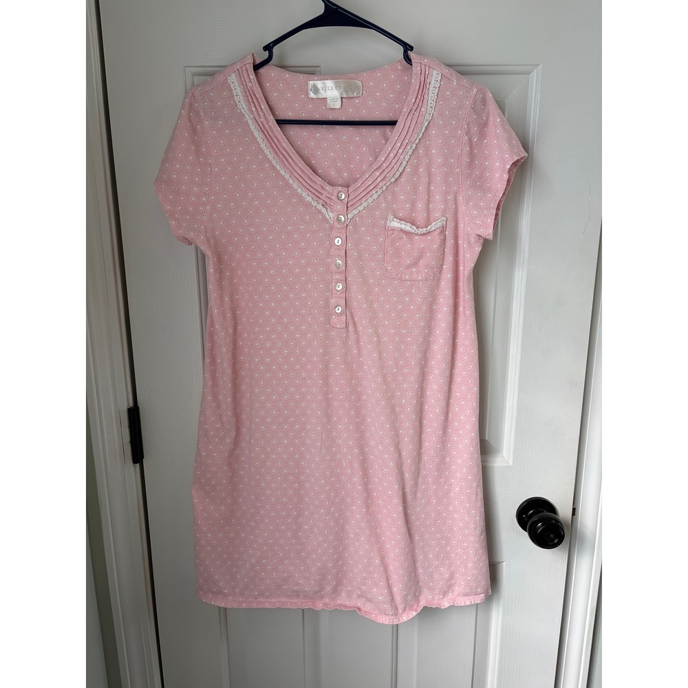 Eileen West Pink Heart Star Print Cotton Nightgown Short Sleeve Lace Trim Small
